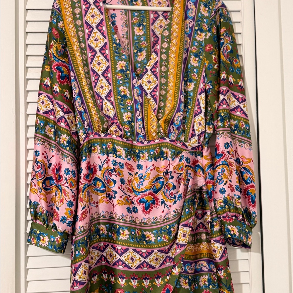 Zara Pink & Olive Mixed-Print Long Sleeve Wrap Dress